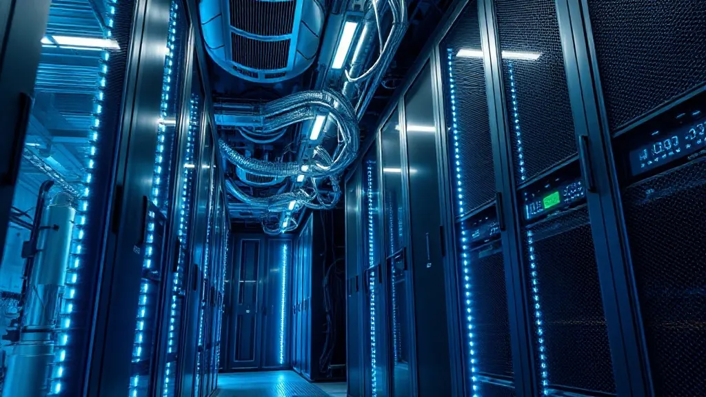 A high-resolution industrial server room with silver-blue co
