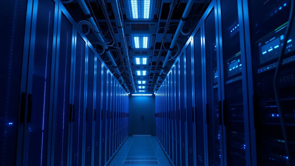 A clean, modern server room with blue LED lighting and organ