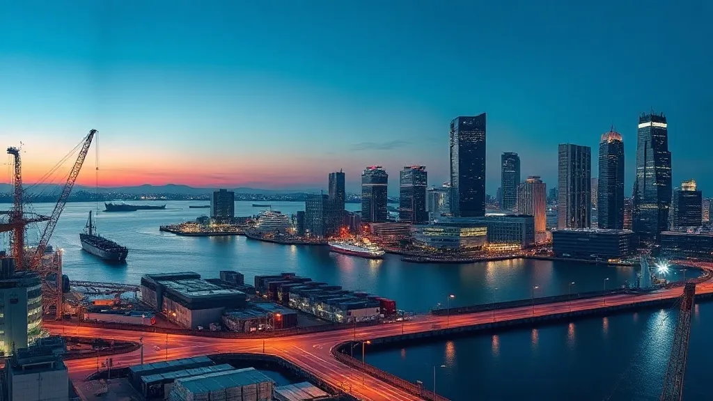A high-tech urban landscape of Kobe city harbor at dusk with