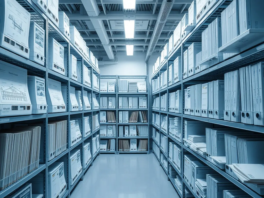 A clean, professional archive room with organized architectu